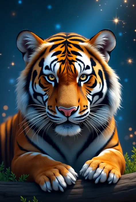 Realistic tiger face animal detailed art nature great powerful charming beauty strong happy mouth closed closedmouth mouth is closed  best quality professional camera best lights detailed light night nightphoto midnight space stars sky sky with stars night...