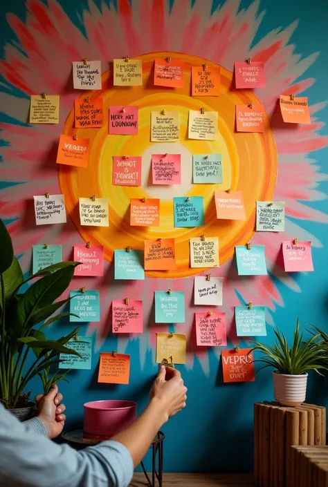  board when imagining a photo that talks about motivational messages , It could be something like this :

 - A colorful painting or mural filled with several different colored sticky notes
- Each note containing a short and impactful hand-written motivatio...