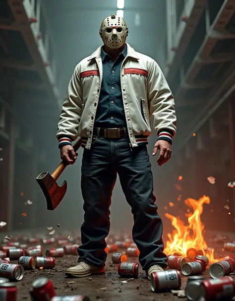 (photorealism:2.0), Jason Voorhees wearing a white jacket with black and red stripe,  pouring several cans of energy  (Red-bull) crushed cans,  destroyed cans , cans burning  ,  Jason hitting an axe crate on a crate of cans  (Red-bull)