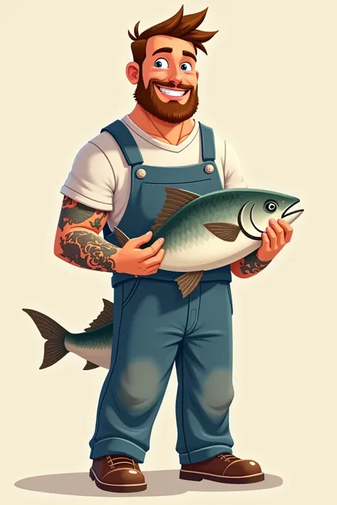 Young character of approximately 35 years old to be used as a mascot for a company that works with fish he is holding a fish in one of his hands he has a low hair beard and his arms tattooed has fair skin he measures 1,70 m high 