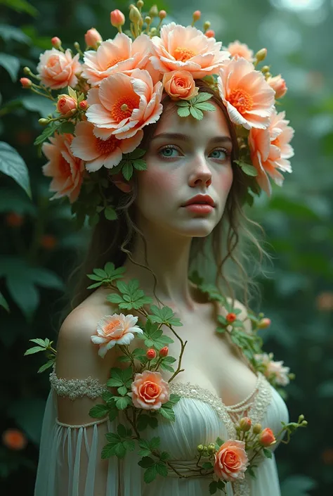  a woman who is half a flower , surrounded by a lot of nature ,  the woman has a deep look 