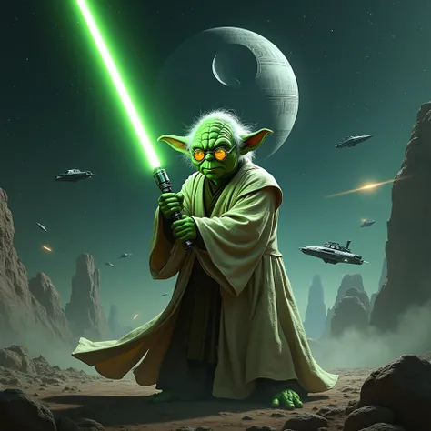  I want to be Master Yoda ,  with his pointed ears , But with the face of Castor ,  he must wear golden lenses ,  in your hands your sabre ee Green light in the sky you should see the Death Star in black and some warships in the galaxy. Colors that should ...