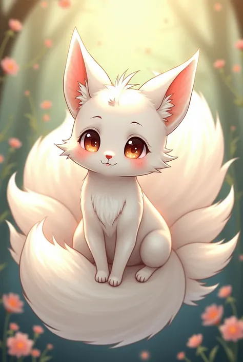 A cute  with white hair In the form of a nine-tailed fox