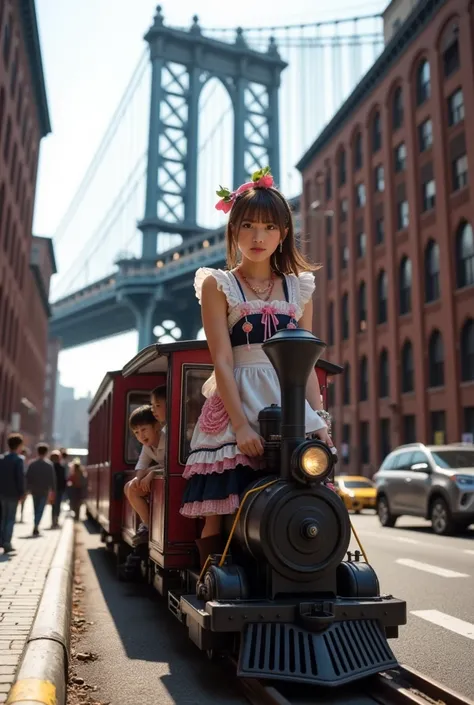 ultra-realistic, photorealistic, dramatic scene, shadow, global-illumination, solo, (20 years old very beautiful Japanese famous idol girl:1.5), (modern maid:1.2), (wearing a cute colored maid outfits with frills:1.2), She is driving the miniature steam lo...