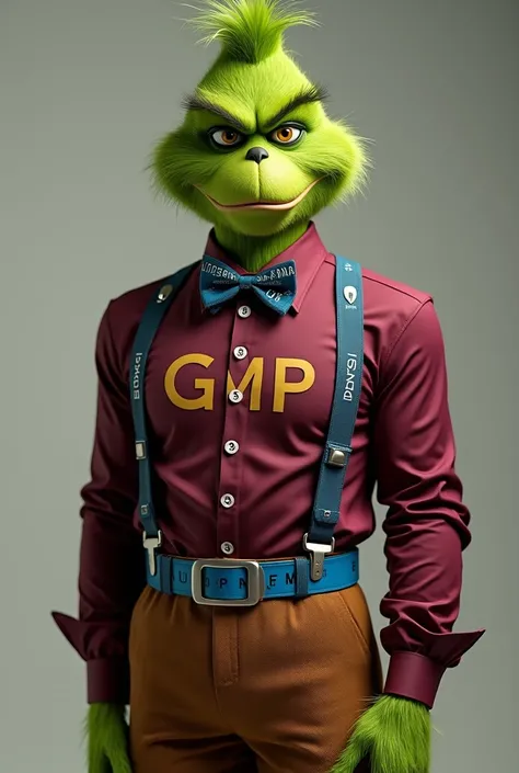  Half-length Grinch character with contemporary hairstyle ,  dressed in a formal wine-colored shirt with text print with GMP letters,  bow tie with injection print , brown pants, blue belt with chemical formulas .
