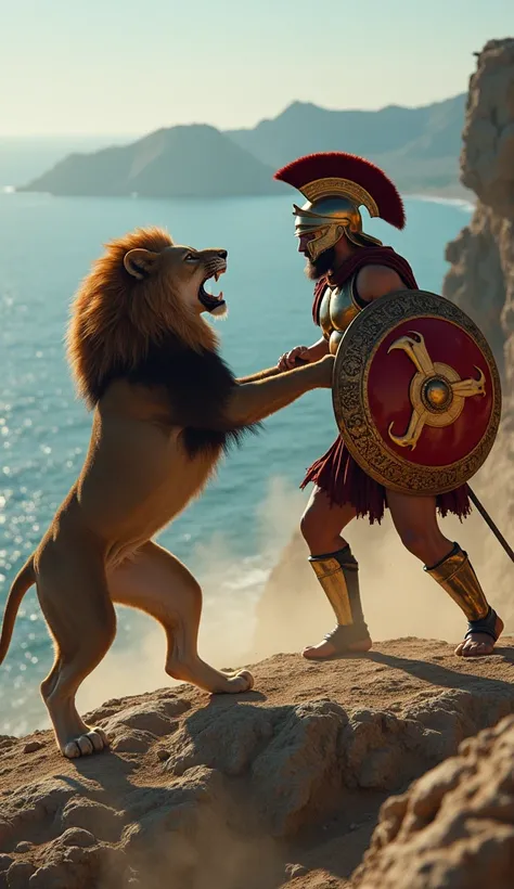 Picture a fierce Spartan warrior, his shield emblazoned with a blood-red symbol, staring down a roaring lion at the edge of a cliff overlooking the Aegean Sea. The Spartan’s bronze armor shines in the late afternoon sun, while the lion’s mane catches the w...