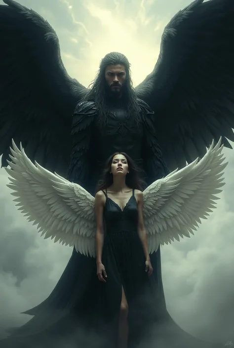 Black-winged angel 
And short hair protecting a woman with wings