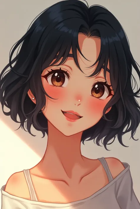 a black-haired girl with short wavy hair and with a nice smile