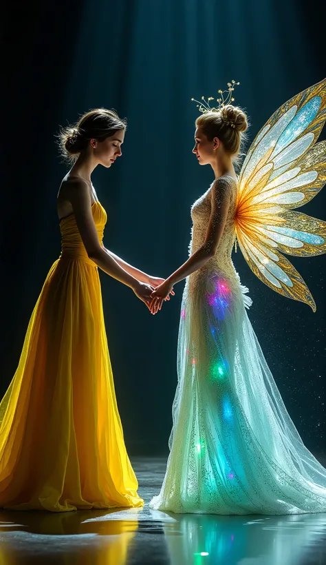 A graceful woman in a flowing yellow gown stands on a dimly lit stage, her hair elegantly styled as she leans down slightly, extending her hand. Opposite her, a  like fairy, wearing a magical dress inspired by a peacock, but with an otherworldly twist. The...