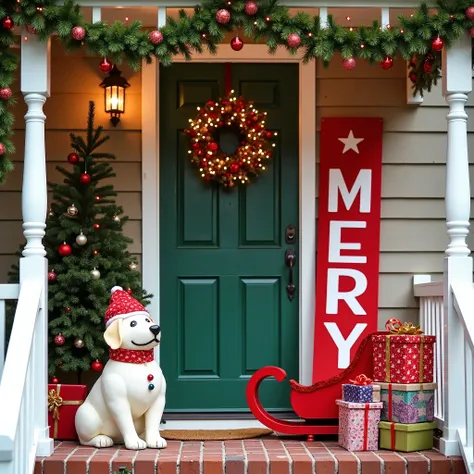 The image shows the entrance of a house decorated for Christmas. The entrance is covered in a green door with a garland of greenery and red and white lights hanging above it. On the right side of the door, there is a large red "Merry" sign with the word "M...