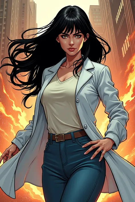 make an image: Marvel Manhwa Comics panel, OC, Multiple poses. Long black haired woman with bangs .  Casual clothing with lab coat and battle pose