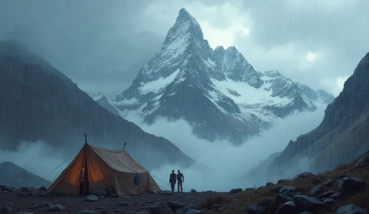 Make an image of a tent made of high mountains with a silhouette of two men in the rain