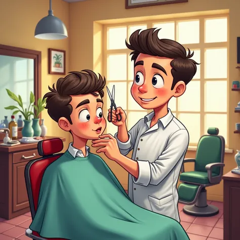 cute handsome barber cut the customer hair cartoon