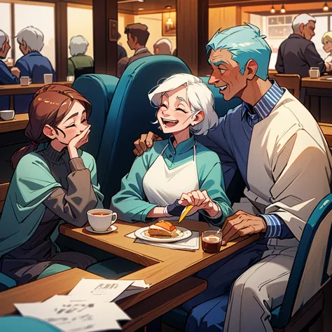 Several elderly people are sitting together in a restaurant laughing,Not wearing glasses