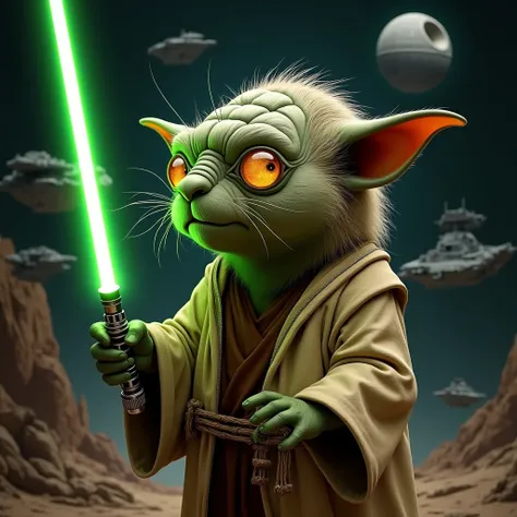  I want to be Master Yoda ,  with his pointed ears , But with Beavers Head and a  ,  he must wear golden lenses ,  hood in his hands his green lightsabre should be seen in the sky the Death Star in black and some warships from the galaxy. Colors that shoul...