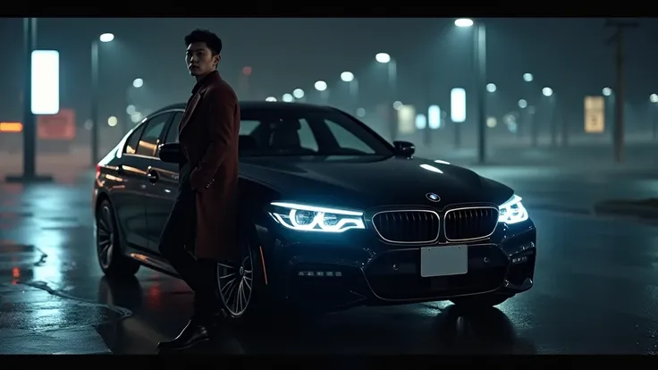 Very handsome Korean man standing next to BMW car at night