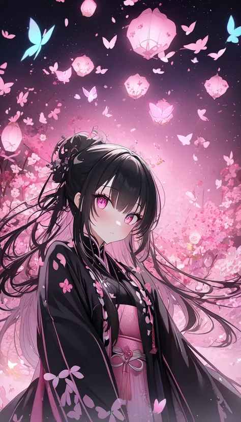   super detailed ,  high definition ,  absurd,  high definition ,  Gamemun Neko , Long black hair, pink expressive eyes,  Demon Slayer,  Pink Flowers ,  petals, Firefly,  lantern, Pink Moon, woman,  very beautiful,  very detailed face and eyes ,  pink kimo...