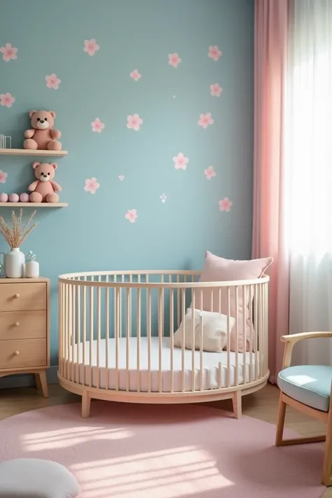 womens baby room,  that is medium and has a circular crib ,  that the walls are in pastel colors blending between blue and pink ,  with flower designs ,  with some small shelves with bears , a wooden chest of drawers ,  a simple and comfortable nursing arm...