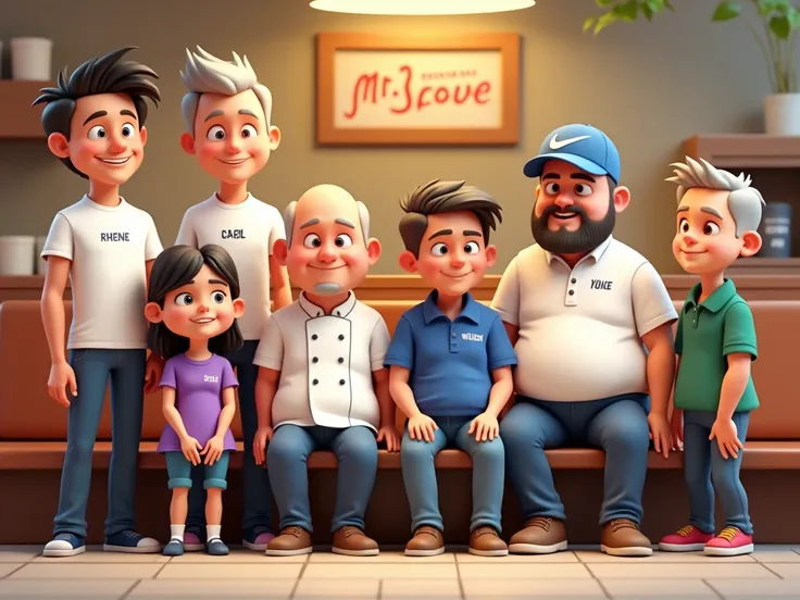 A 4D cartoon image of eight people. Works at Mr. Scrowe Jr. Restaurant. From left to right is a 35-year-old man with middle parting and ear-length hair, fair skin, wearing a white t-shirt with the name "RHENE" written on it. Next was a 40-year-old man with...