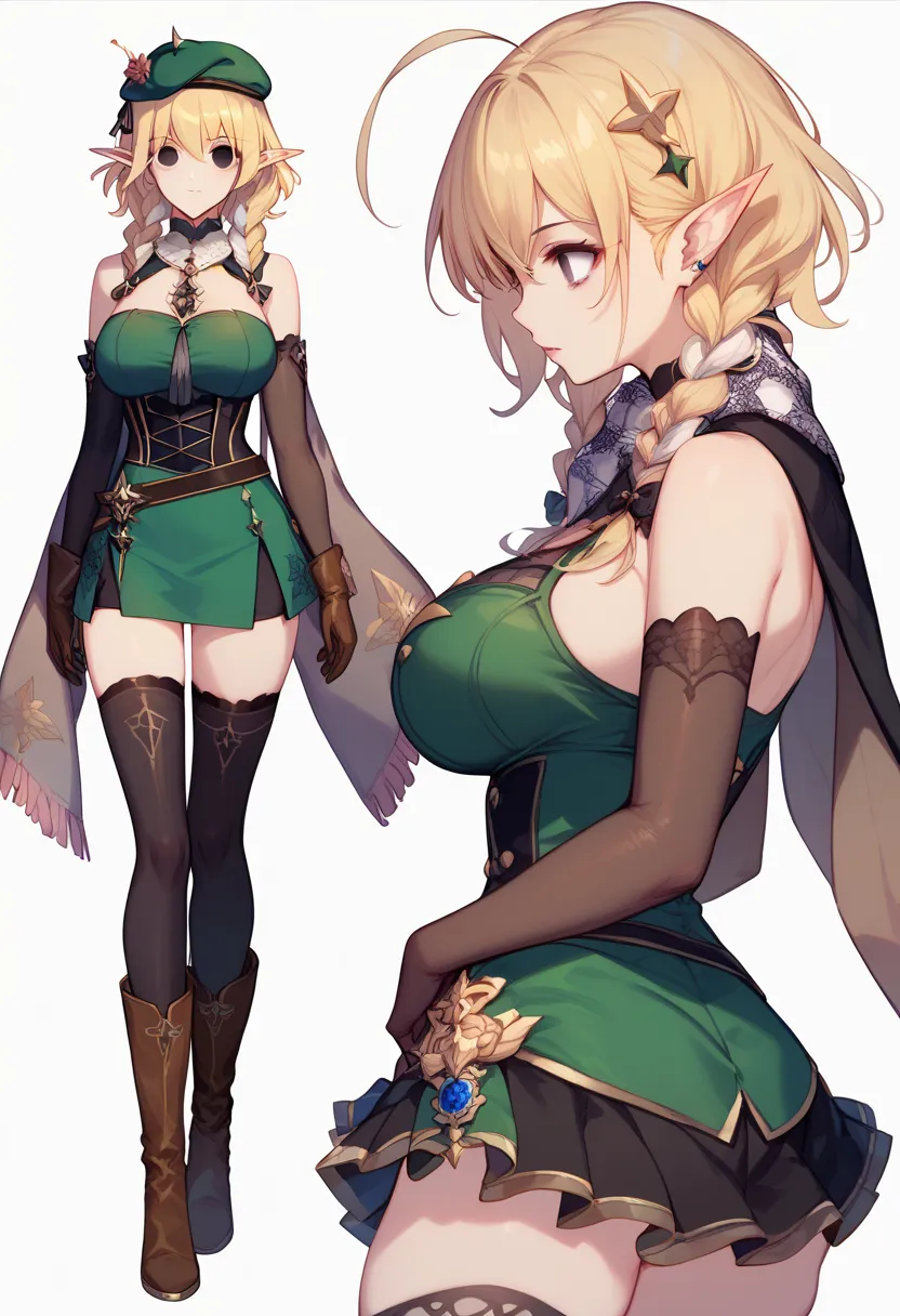 parisian,1woman,elf,short hair,twin braids,blonde,(slender),ahoge、empty eyes、black eyes、big breasts、tall,brown gloves,black elbo...