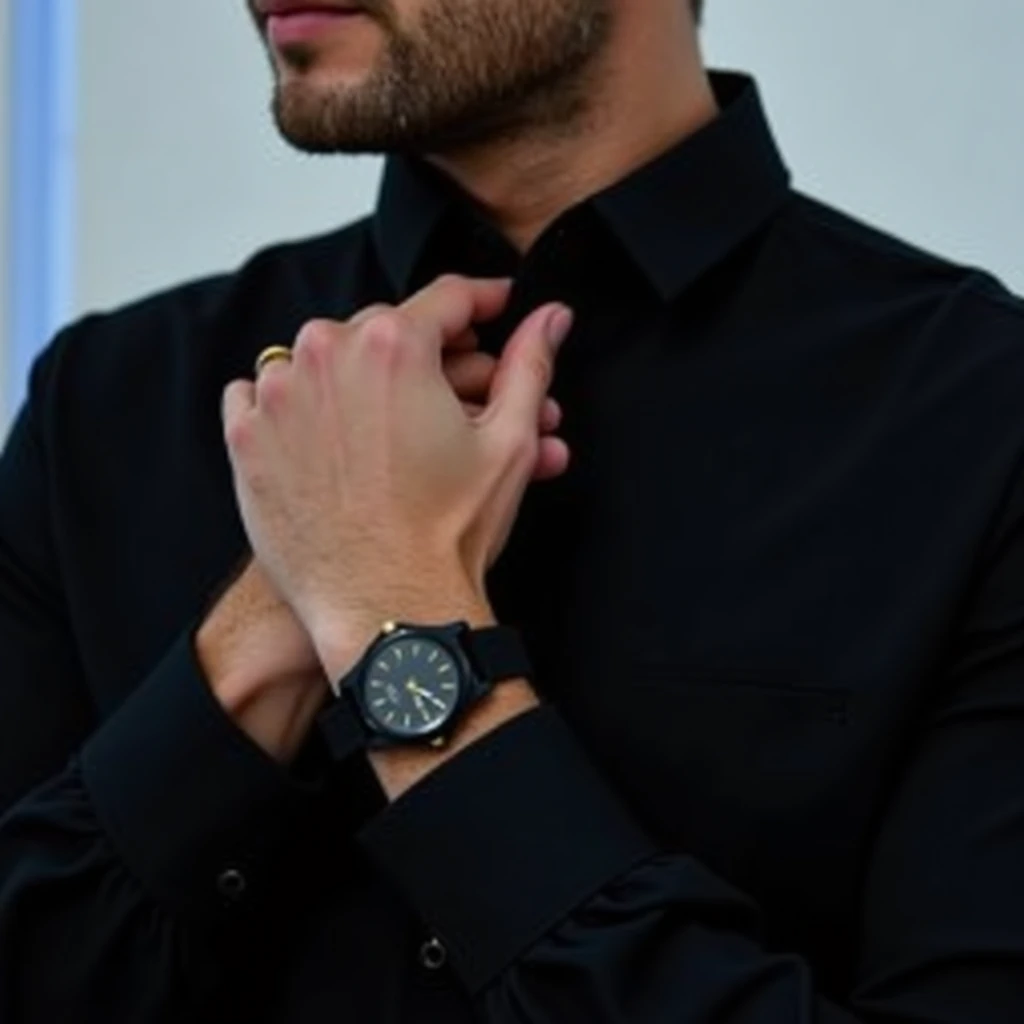 A close-up of a man in a black tailored shirt adjusting the collar, set against a clean white background with a subtle touch of blue in the reflection or edge. The lighting is soft and elegant, highlighting the texture of the fabric and creating a luxuriou...