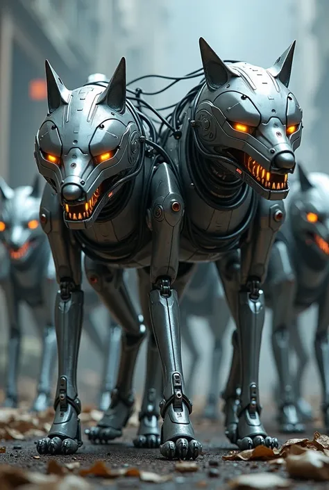 Many robot wolves connected to each others by wires