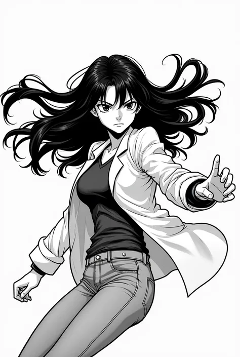 make an image: Manhwa Comics Panel, OC,  black and white image, single line. Long black haired woman with bangs .  Casual clothing with lab coat and battle pose