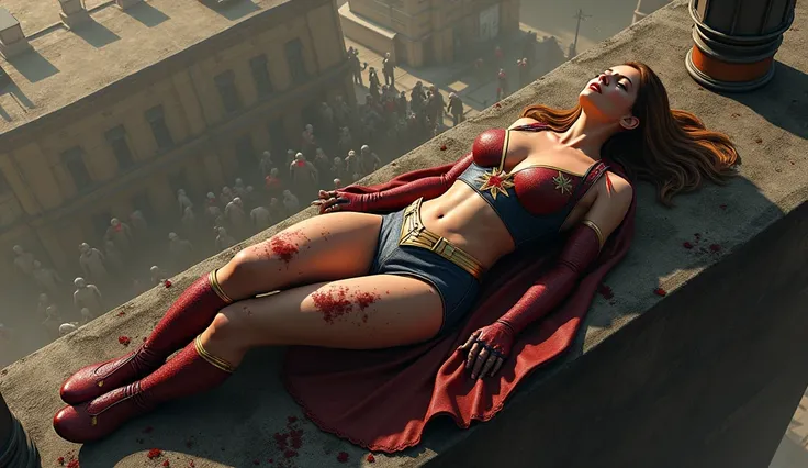  Supergirl wounded in sexy costume lying on top of the roof of a building to hide from passing zombies , The streets filled with zombies  