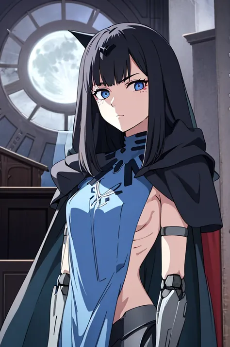 best quality, highly detailed, dark shadows, inside a church, moonlight, bioluminescence , Nitorization, 9a91normal, 1girl, glaring, empty eyes, expressionless, ( mechanical arms:1.1), blue cape, blue capelet, (blue dress:0.75),long veil, headgear, black a...