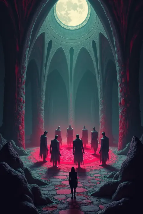  designs the art for a letter that represents the next scene,  a circular room surrounded by grotesque columns ,  with spikes and sharp shapes ,  a dark environment full of terror , in the center of the room,  6 spectral figures are gathered in a circle , ...