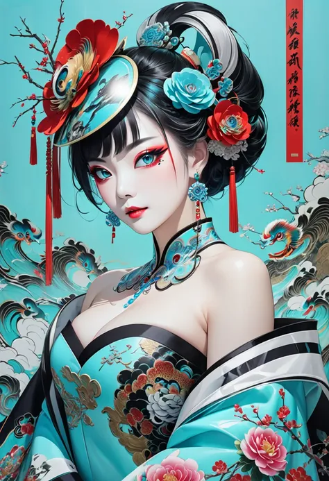 contemporary art, cool beauty, Chinese Peking Opera, glamorous heavy makeup painting, background Tiffany Blue, record jacket style, portrait, various effects, 2.5D, artistic photography, hyper realistic, digital graphic CG, BREAK ultra detailed, absolutely...