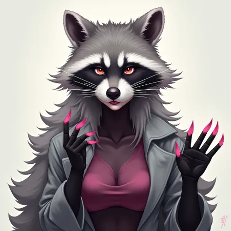 Anthro raccoon woman with grey fur. with grey hair reaching down to his shoulders. with hourglass figure. with hands claws with pink paint. dressing a shirt and top combo.