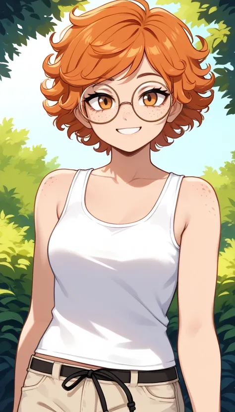 1girl, solo, tomboy, curly hair, short hair, orange hair, score_9, orange eyes, freckles, round glasses, white tank top, beige shorts, outdoors, upper body, looking at viewer, smile