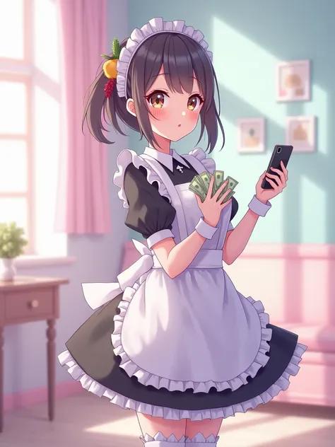 a beautiful anime-style maid in a pastel-colored room, holding money and a smartphone, full body, 1girl