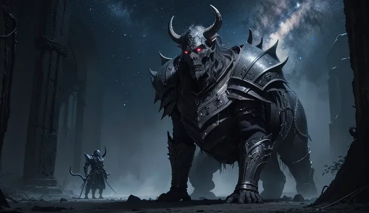 realistic, mythological ser, cosmic horror, gray skin, face of a demon, with pointed horns, giant, Colossal, starry sky, detailed with armor, skulls on the floor