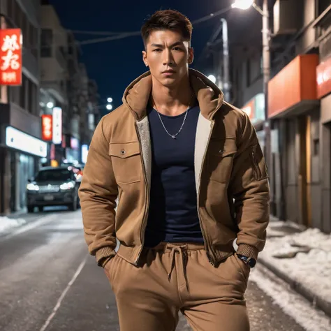 A tan-skinned, muscular Japanese man with a fierce, streetwise look, wearing a stylish jacket and baggy sweatpants.shirtless. bulge crotch.He has a sharp, short hairstyle that enhances his tough appearance as He walks confidently down the bright winter nig...