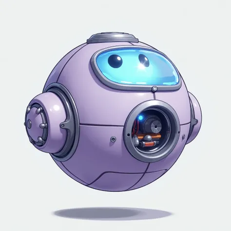  Spherical scout robot ，Universal spherical ，Floating in the air， light purple base ， has a pair of small mechanical eyes ， sparkling blue light ， has some silver metal frame decoration on it ，Two large lids left and right will open upwards to expose the m...