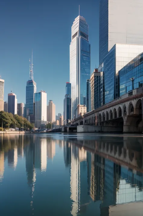 The city reflected on the surface of the water