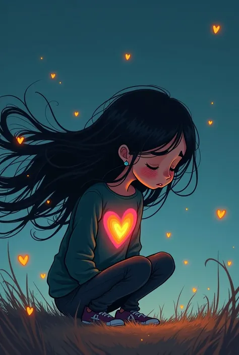 I need a cartoon image of a short story about a  crouching like crying with long black hair that flies in the wind,  the girl in her chest has a rainbow-colored heart and thousands of small hearts are scattered through her body that is dark