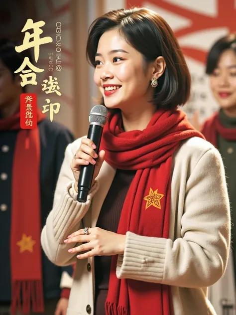 a young lady，Microphone in hand，A bright red scarf around the neck，hilarious background