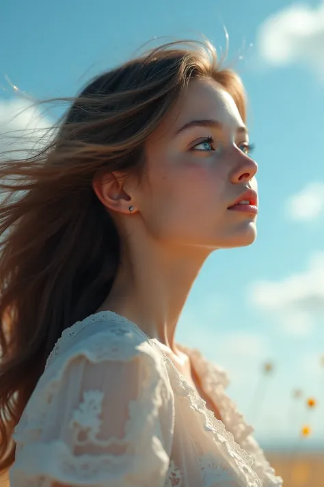  a beautiful girl from the side while staring at the sky.  her hair is brown and her eyes are bright blue . she does not wear earrings or a necklace .