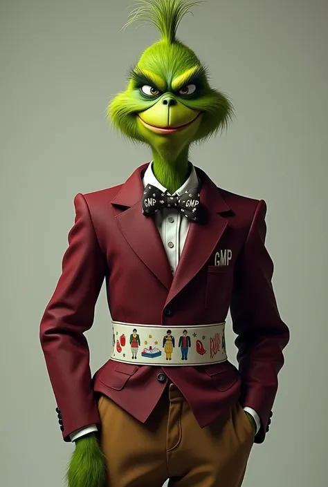  Half-length Grinch character with contemporary hairstyle ,  dressed in a formal wine-colored shirt with GMP lettering printed,  bow tie with capsule print , brown pants, band with figures of drugs .
