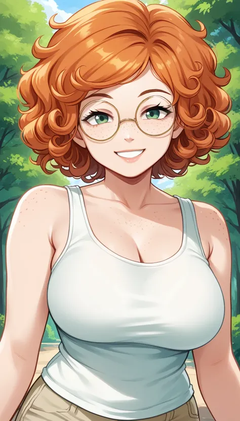 1girl, solo, mature female, milf, tomboy, curly hair, short hair, orange hair, score_9, green eyes, freckles, round glasses, white tank top, beige shorts, outdoors, upper body, looking at viewer, smile