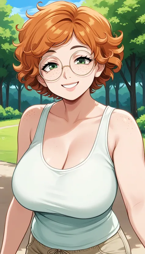 1girl, solo, mature female, milf, tomboy, curly hair, short hair, orange hair, score_9, green eyes, freckles, round glasses, white tank top, beige shorts, outdoors, upper body, looking at viewer, smile