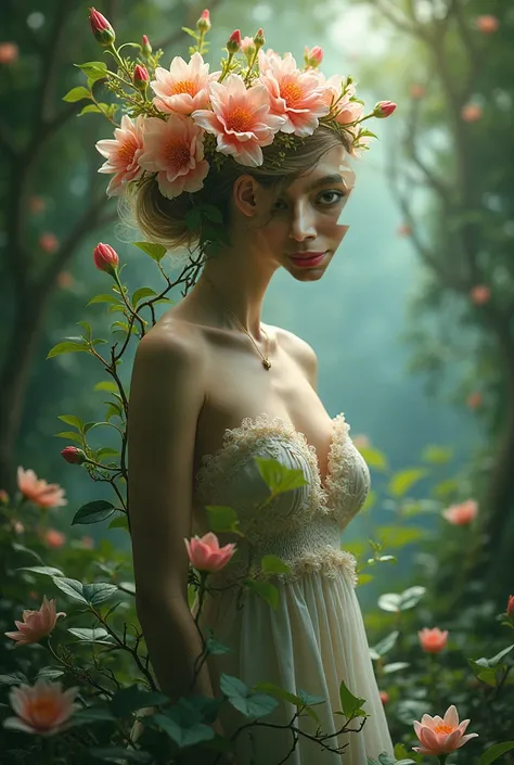 Woman who is half a flower, surrounded by a lot of nature 