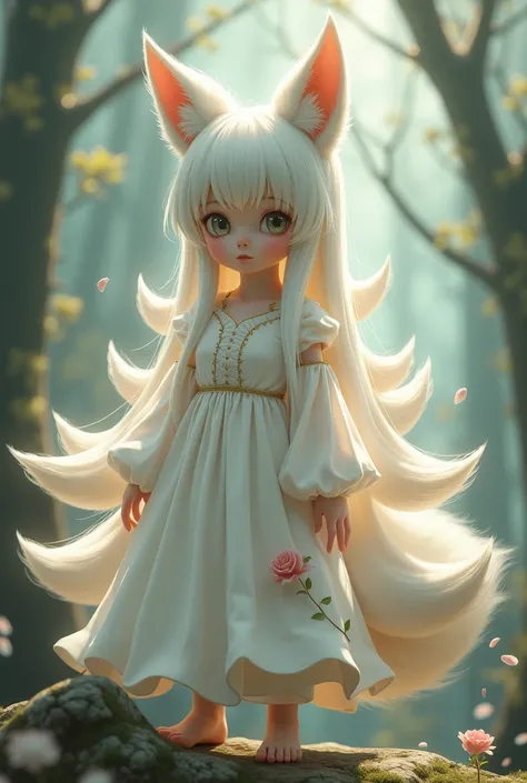 A petite, sweet-faced girl with long white hair. has fox ears And the foxs tail has nine tails.