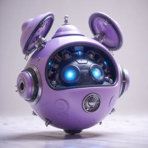  Spherical scout robot ，Universal spherical ，Floating in the air， light purple base ， has a pair of small mechanical eyes ， sparkling blue light ， has some silver metal frame decoration on it ，Two large lids left and right will open upwards to expose the m...