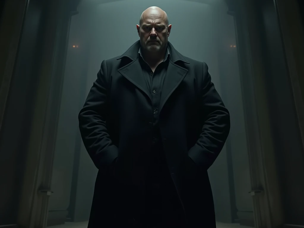 big bald man wearing black coat