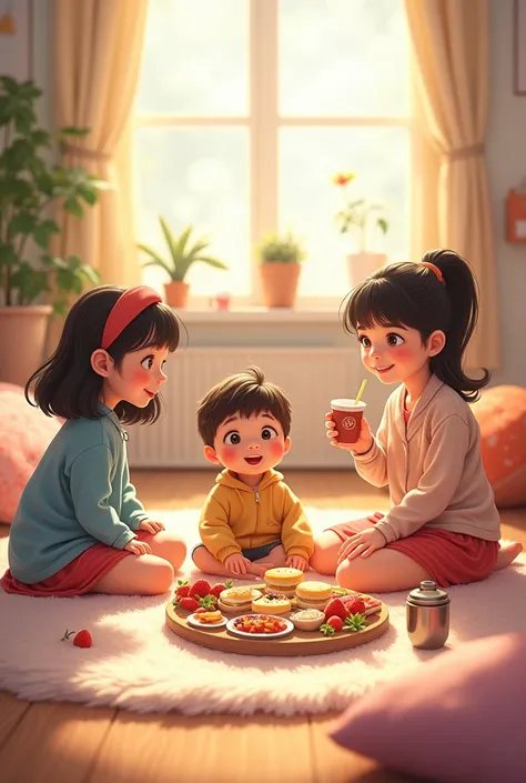 Two girls and a boy on a picnic indoors