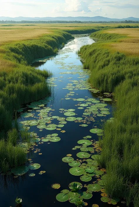  Create an image of the LAGUNA don Tomas de Santa Rosa the pampa seen from above in a general and round plan, embellished with many colorful aquatic plants such as water lily , totora, Junco  ,  water beans  , As real as possible .  thank you 